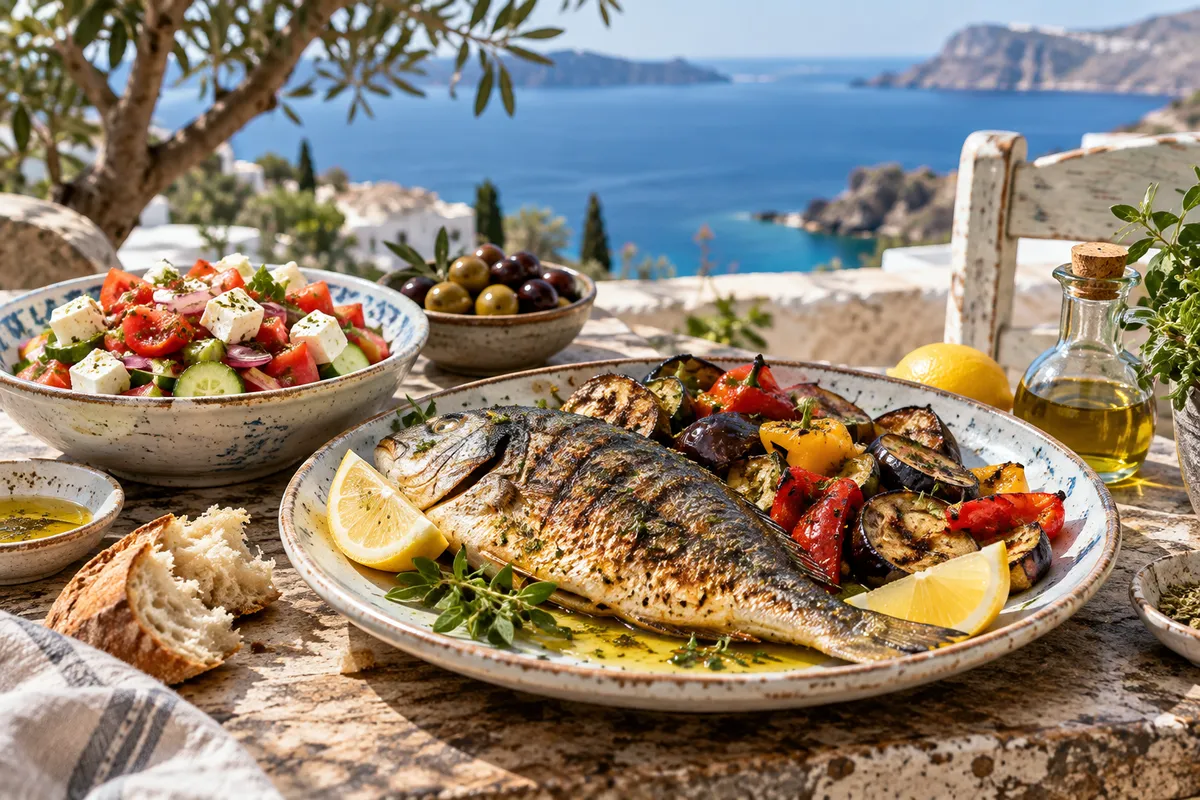 Illustrative Mediterranean meal with grilled fish, roasted vegetables, Greek salad, olives and olive oil