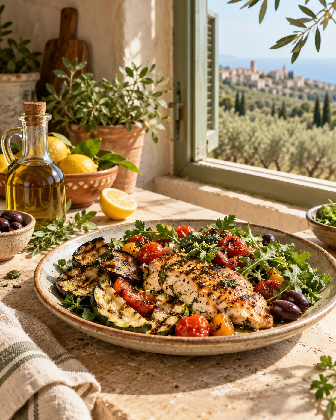 Illustrative Mediterranean meal of lemon chicken, roasted vegetables, olives and fresh herbs in a sunlit kitchen
