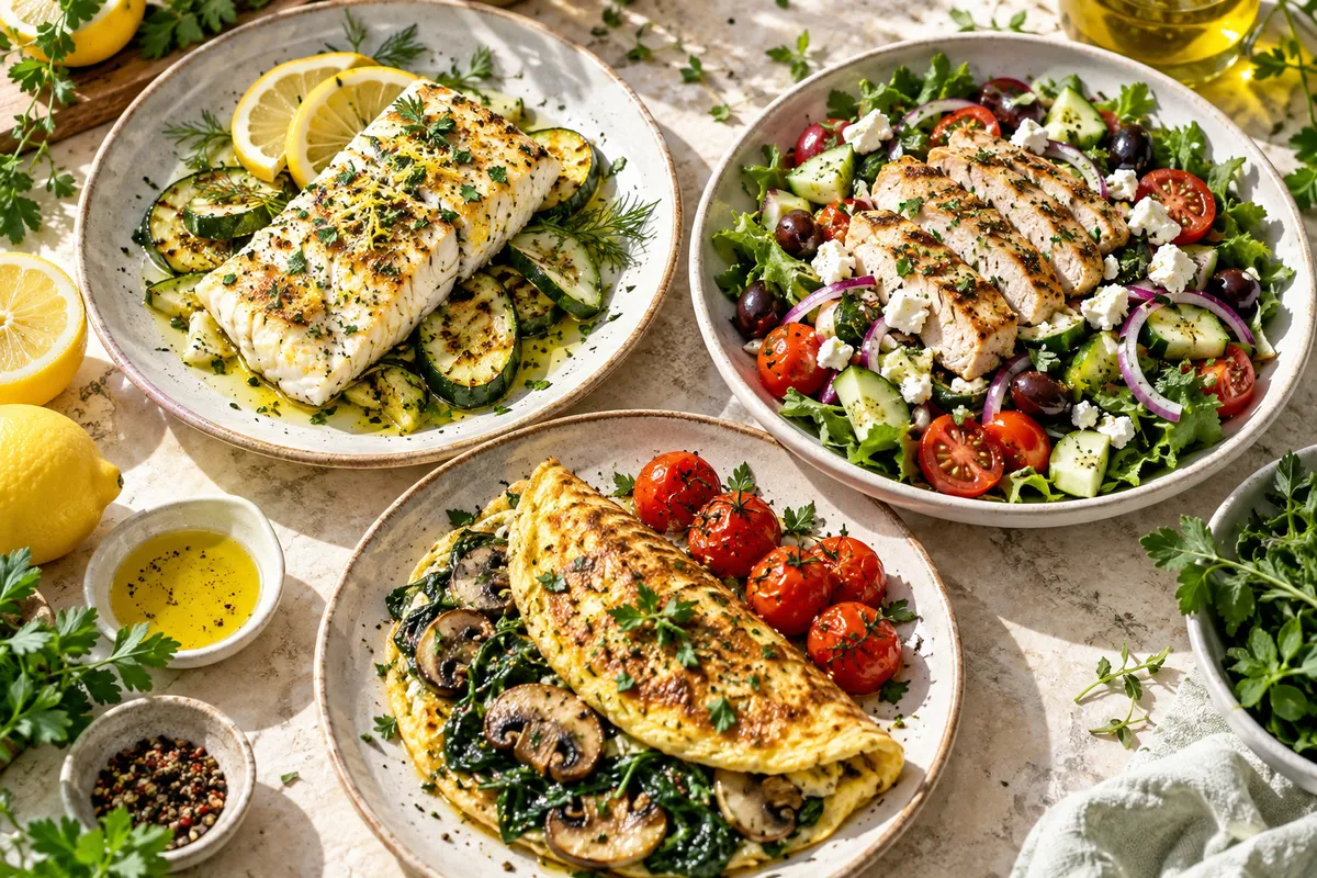 Illustrative meal planning with lemon fish, chicken salad and a vegetable omelette