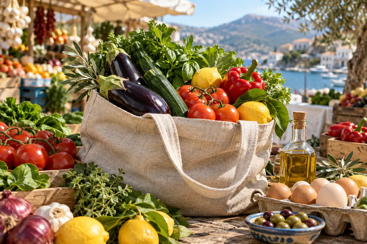 Illustrative market shopping tote with vegetables, lemons, eggs and olive oil