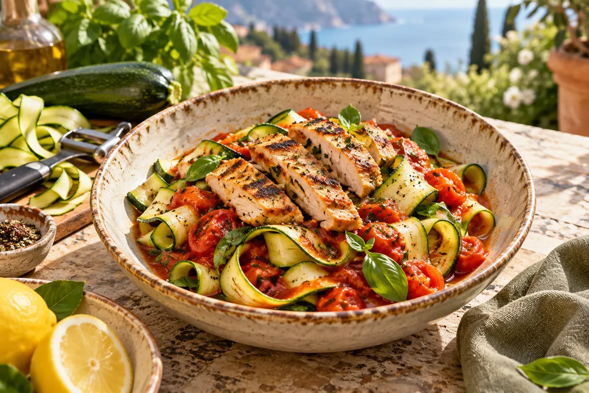 Illustrative lower-carb Mediterranean meal with courgette ribbons, tomato sauce, basil and grilled chicken
